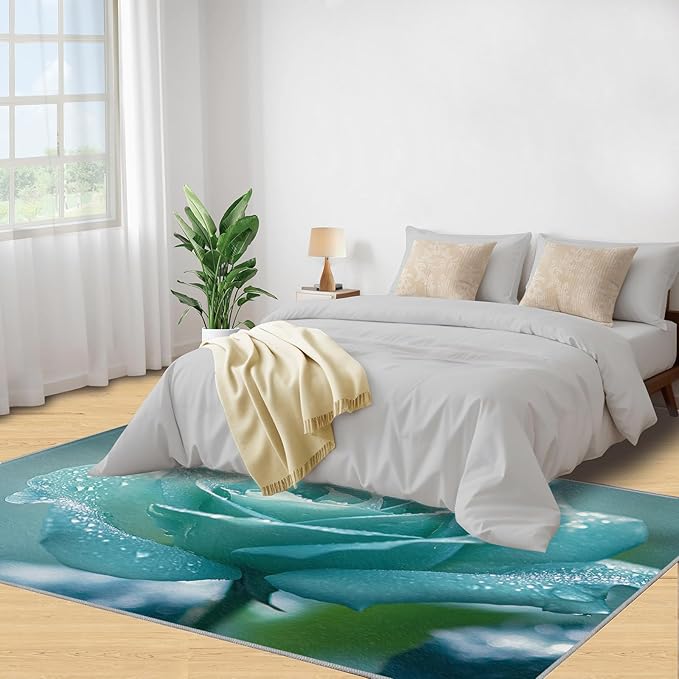 3x4 Blue-Rose Rugs for Entryway - Realistic Florals Kids Bedroom Rug, Flowers Mudroom Rug Soft for Coffee Shop Living Room Under Table Game Room