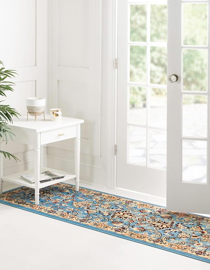 Rugs.com Yasmin Collection Rug – 10 Ft Runner Light Blue Medium Rug Perfect for Hallways, Entryways