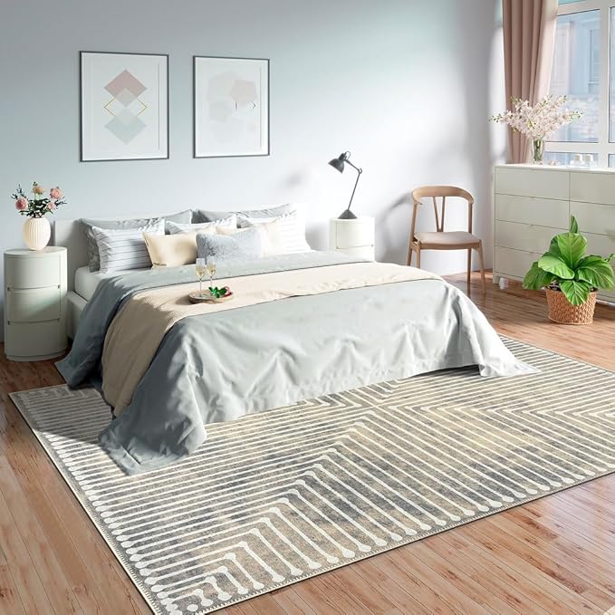 GLN Rugs Contemporary Collection - Machine Washable Area Rug, Contemporary Washable, Non Slip, Low Pile Chenille Rug, Living Room, Bedroom, Kitchen Rug (5' x 7' Lines Cream)