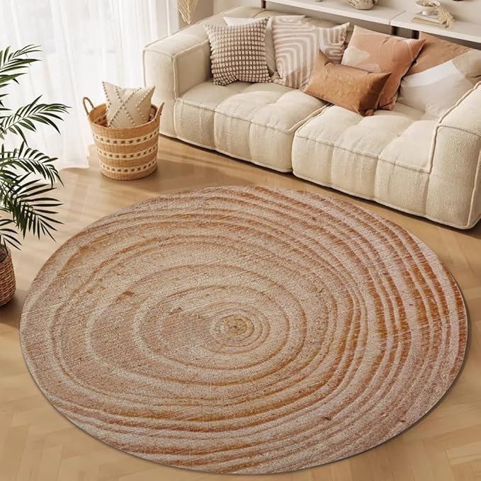 Tree Stump Growth Rings Washable Round Rugs Wood Color Texture Circle Rugs for Living Room Entryway Round Area Rug Soft Non Slip Nursery Carpet for Bedroom Dining Coffee Table 4ft