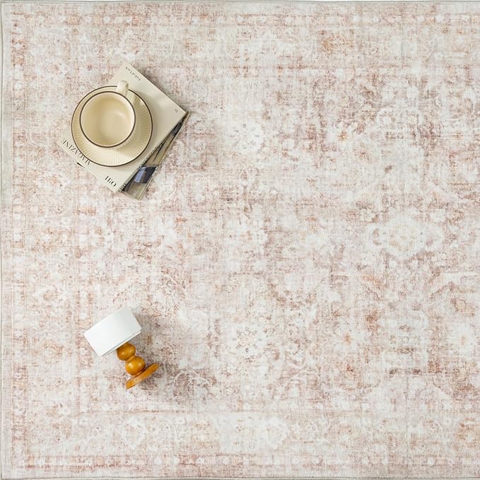 9x12 Beige Area Rug for Living Room Bedroom Neutral Soft Non Slip Rug Low Pile Vintage Distressed Large Carpet for Dining Room Nursery Office Indoor