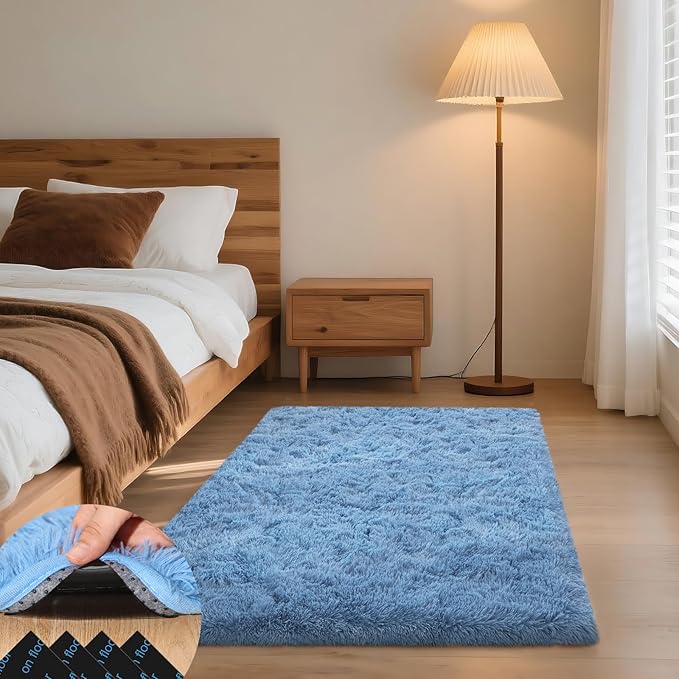 3x5 Blue Rugs for Bedroom Living Room, Fluffy Small Area Rug Soft Shag Carpet for Kids Boys and Girls Room with 4 Rugs Non-Slip Stickers Dorm Home Decor (3ft x 5ft)