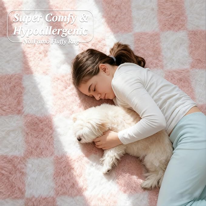 4x6 Area Rugs for Living Room Bedroom, Soft Fluffy Shaggy Bedside Rug, Indoor Floor Carpet for Kids Playroom, Dorms, Nursery Rooms, Home Decor (Pink & White 4'x6')