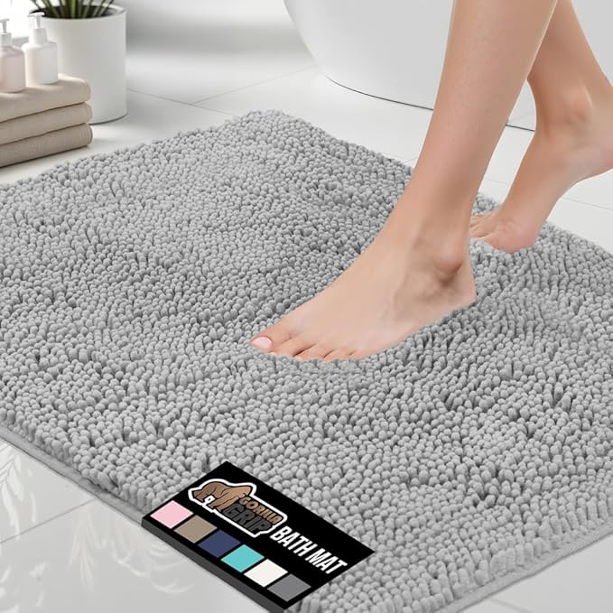 GORILLA GRIP Bath Rug Mat 70x24, Soft Absorbent Chenille, Quick Dry Microfiber Mats, Rubber Backing Washable Shower Floor Rugs, Bathmat Runner, US Designed Bathroom Home Decor Accessories Light Gray