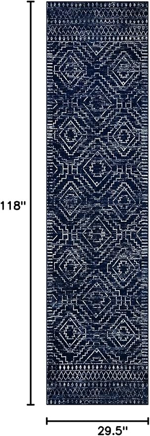 Wonnitar Moroccan Hallway Runner Rugs, 2'6"x10' Washable Non-Skid Blue Runner Rugs for Kitchen, Boho Non-Shedding Soft Long Runner Geometric Low Pile Carpet for Entryway Bathroom (Blue,2'6"x10')