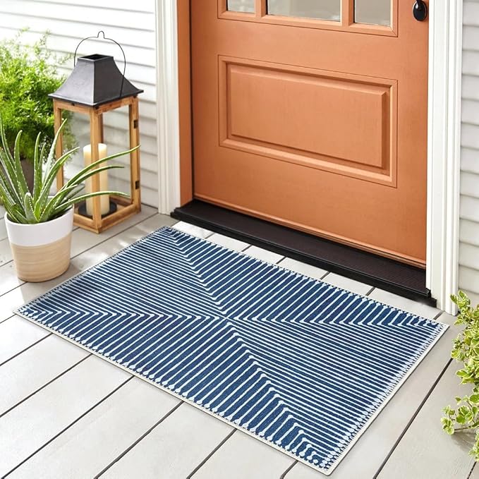GLN Rugs Contemporary Collection - Machine Washable Area Rug, Contemporary Washable, Non Slip, Low Pile Chenille Rug, Living Room, Bedroom, Kitchen Rug (2' x 3' Lines Blue)