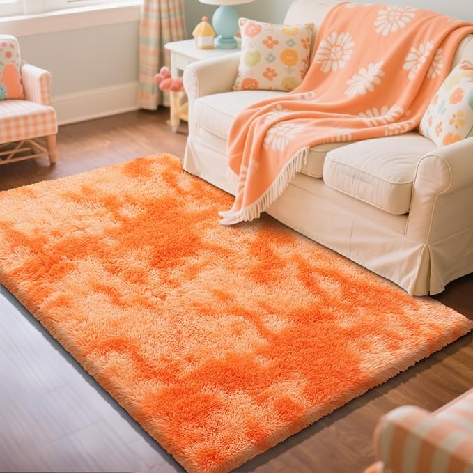 Mottling Orange Fluffy Rug Shaggy Area Rug, 4x6 Area Rugs for Girls Bedroom, Soft Cute Baby Play Mat, Indoor Floor Carpet for Teen, Nursery, Preppy Dorm, Plush Aesthetic Bedside Rug