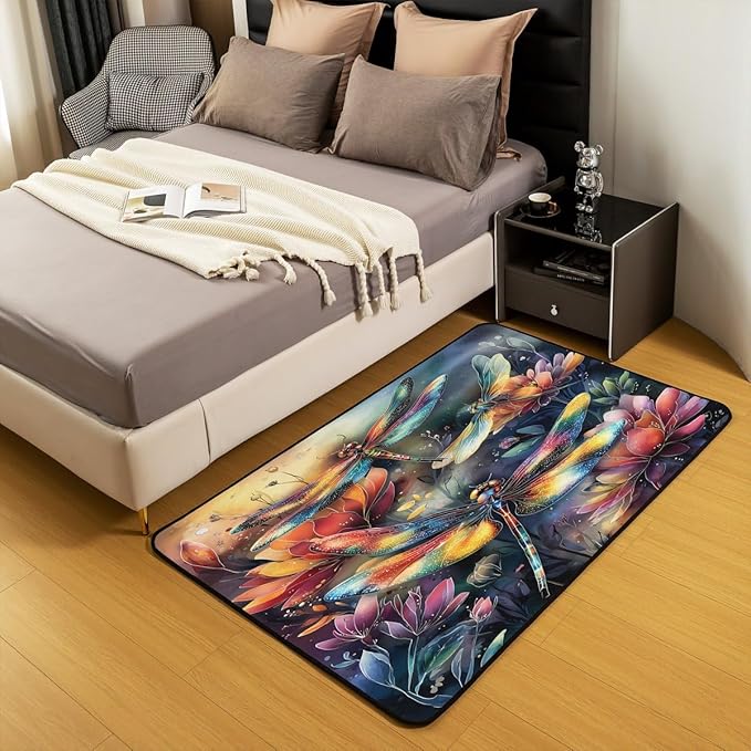 Dragonfly 5x7 Area Rug Colorful Flowers Living Room Rug | Watercolor Beetles Rugs for Bedroom, Dreamy Rustic Aesthetic Animal Carpet Indoor Floor Mat