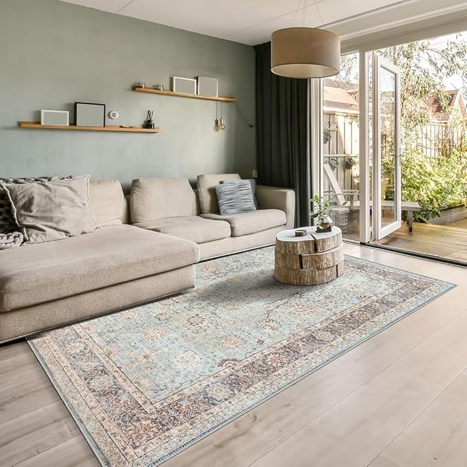 GLN Rugs Traditional Collection - Machine Washable Area Rug, Traditional Washable, Non Slip, Low Pile Chenille Rug, Living Room, Bedroom, Kitchen Rug (4' x 6' Light Blue)