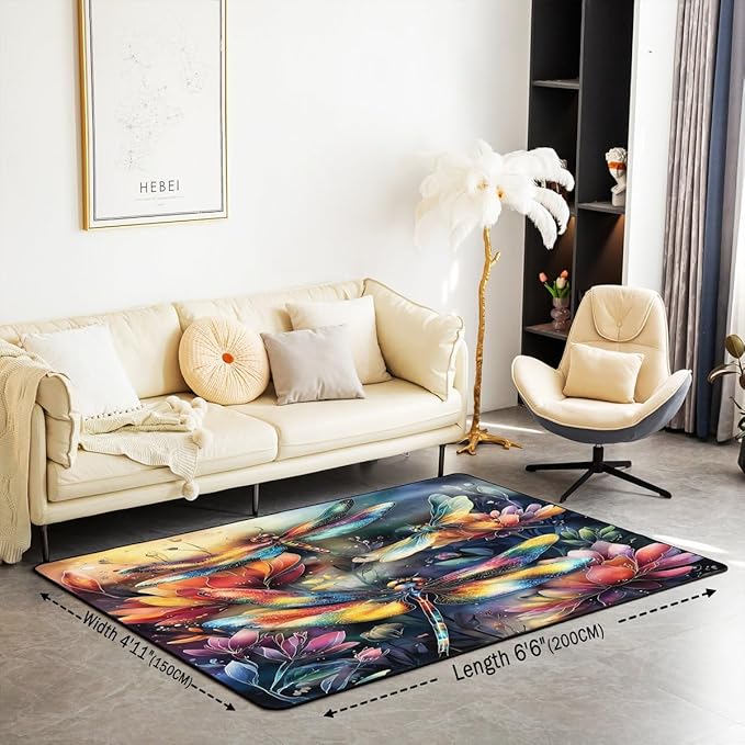 Dragonfly 5x7 Area Rug Colorful Flowers Living Room Rug | Watercolor Beetles Rugs for Bedroom, Dreamy Rustic Aesthetic Animal Carpet Indoor Floor Mat