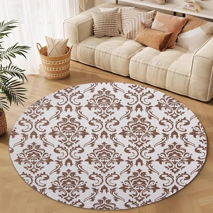 Oriental Tribal Floral Round Rug Vintage Brown Pattern Area Rug Washable Soft Non-Slip Floor Carpet Low Pile Accent Rugs for Entryway Living Room Dining Room Bedroom Home Office 3ft
