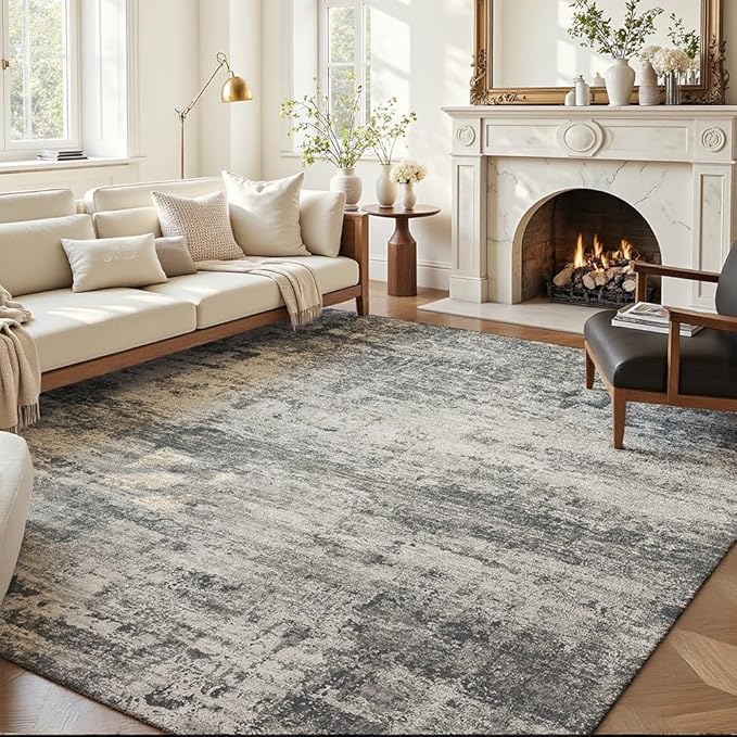 Area Rug 6x9 Washable Rug Black for Living Room, Dining Room, Bedroom, Large Carpets, Non Slip & Non-Shedding Low Pile Vintage Print Rug for Home Office Decor