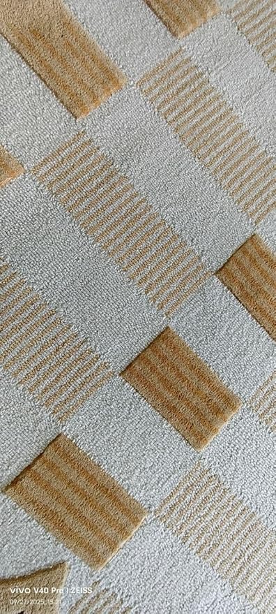 Handmade Scalloped Wool Area Rug - Modern Geometric Pattern, Green-Beige Stripes, Checkered Chevron Design - Soft, Durable Thick Carpet for Living Room, Bedroom (Neutral Beige, 6' x 9')
