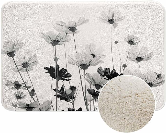 Cosmos Flowers Bath Mat for Bathroom Black and White Pattern Bath Rugs Door Mat Non Slip Rubber Backed Bathroom Floor Mat for Bathtub Sink Shower 20"X32"