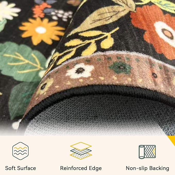 Floral 6x9 Area Rug Machine Washable Soft Print Boho Carpet Non Slip Doormat Low Pile Flower Area Rugs for Living Room Bedroom Nursery Kitchen Dining Room Indoor-Black/Yellow/Red