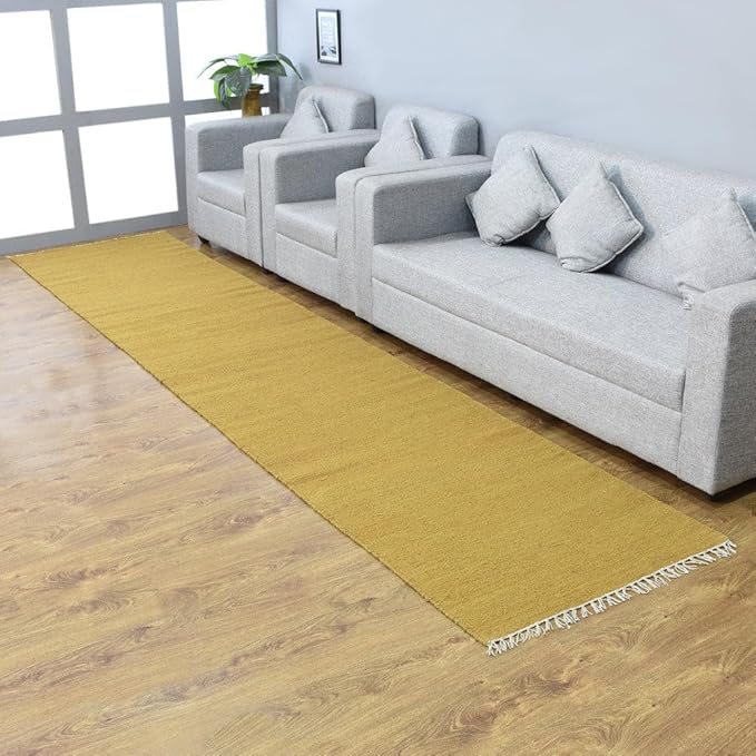 Rugsotic Carpets Hand Woven Flat Weave Kilim Wool ECO-Friendly Area Rugs - 2'6"x8', Runner Shape, Gold Color, Solid Plain Design, Low Pile Handmade Area Rugs for Living Room, Bed Room (D00111)