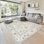 GLN Rugs Traditional Collection - Machine Washable Area Rug, Traditional Washable, Non Slip, Low Pile Chenille Rug, Living Room, Bedroom, Kitchen Rug (6' x 9' Cream/Gray)