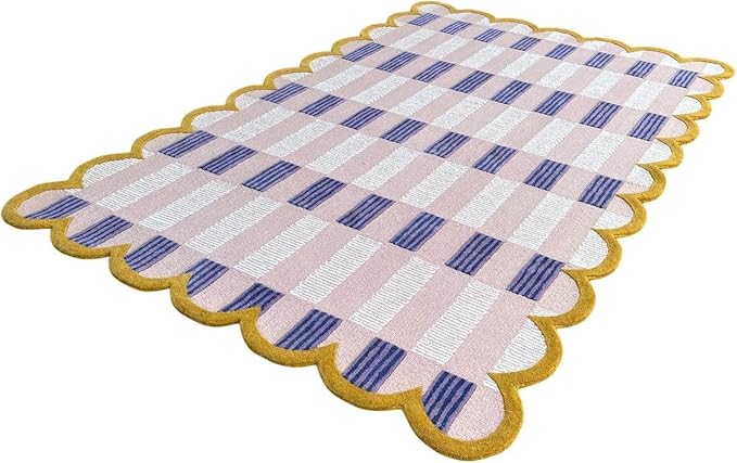 Hand-Tufted Wool Rug with Scalloped Edges, Light Blue Plaid Pattern, Cozy Soft Area Rug for Living Room, Bedroom, and Nursery, Handmade Modern Accent Rug (Pink, 9X14 FEET)