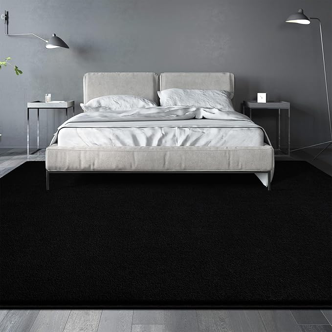 Large Area Rugs for Living Room Bedroom, 4x6 Feet Black Rug, Minimalist Modern Shag Rug, Soft Thick Comfy Memory Foam Indoor Carpet, Non-Slip Washable Rug for Boys Girls Dorm Nursery Room Home Decor