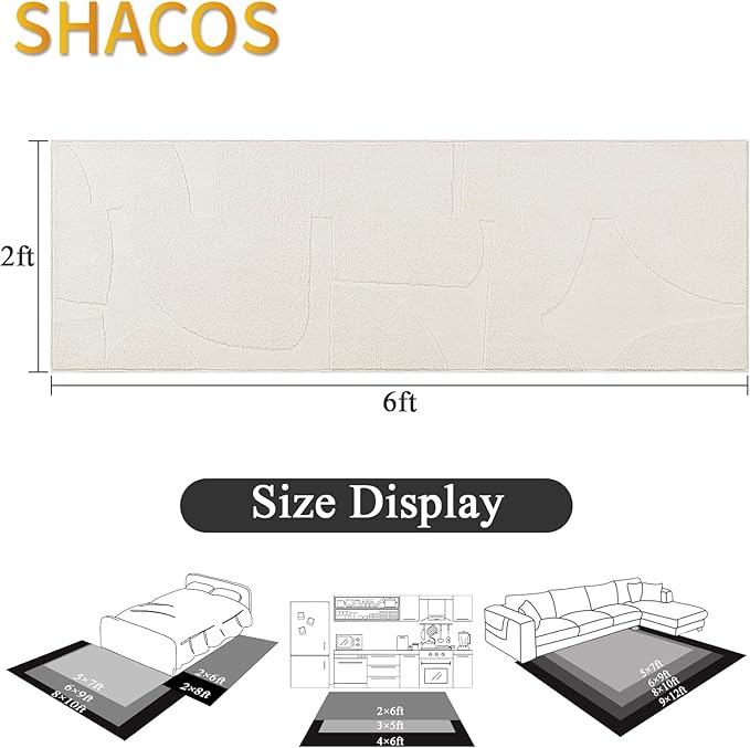 SHACOS Soft Cozy Fluffy Abstract Geometric High Low Pile Runner Rugs 2'x6' Non Slip Washable Scandinavian Minimalist Rug Modern Carpet Runner for Living Room Bedroom Bathroom Hallway, Cream