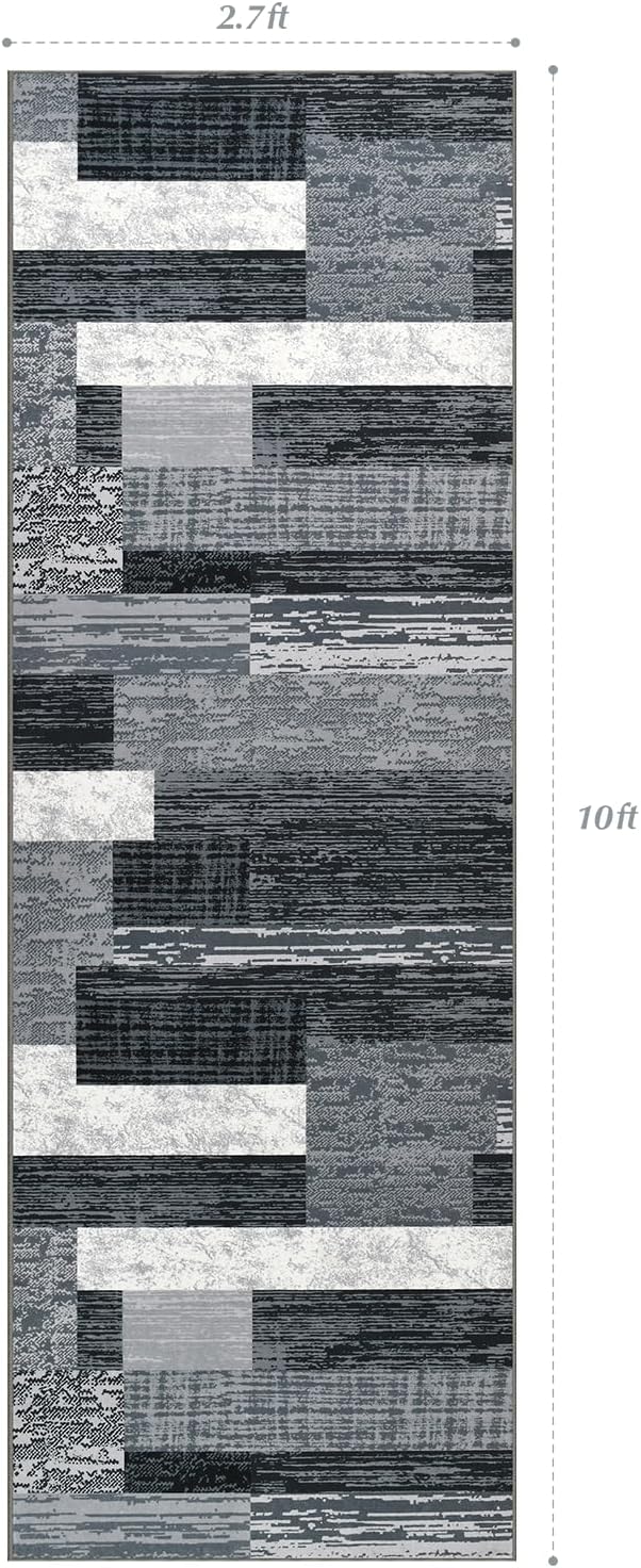 Indoor Runner Rug, Washable Runner Rug with Rubber Backing, Modern Geometric Patchwork Aesthetic Carpet for Bedroom, Living Room, Hallway, Entryway, Washable Rugs Rockwood Collection, 2.7x10 Ft Grey
