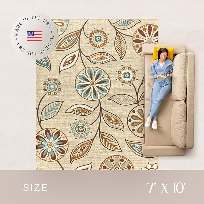 Maples Rugs Reggie Floral Area Rug - Made in USA - Low Pile, Non Slip, Pet-Friendly Mat for Living Room, Bedroom, and Office, 7' x 10', Beige