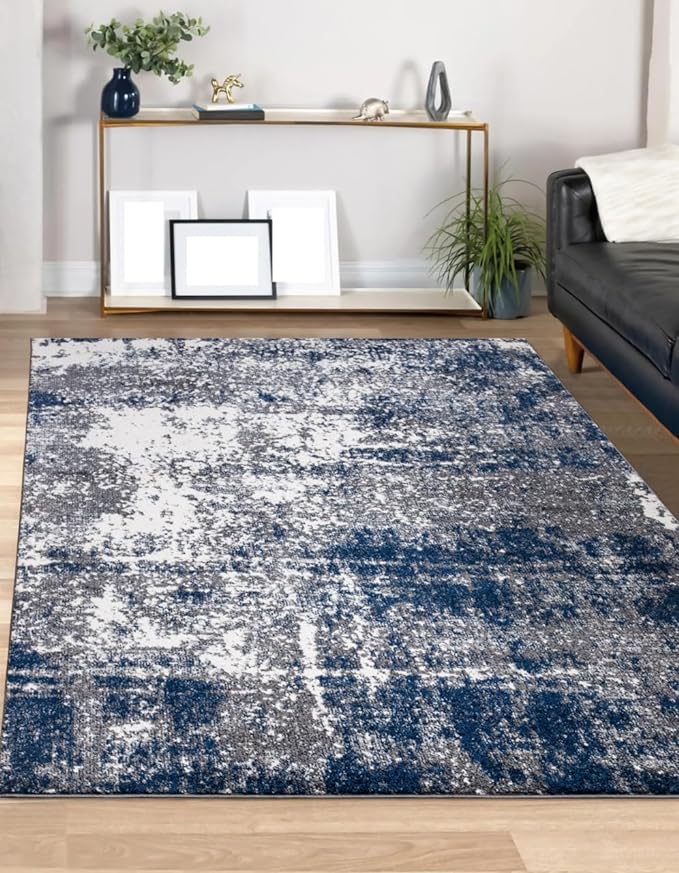 Keen Home Design Area Rugs - 6x9 Non-Shedding, Abstract Rugs for Kitchen, Living Room, Bedroom, Dining Room, Entryway - Size: 5'11" x 9'2", Navy/Grey/White