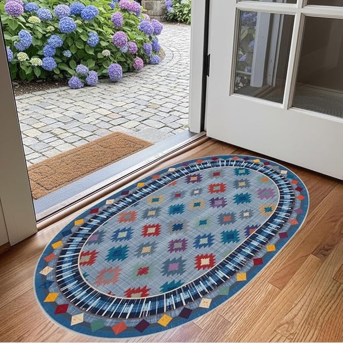 Funky Vintage Blue Red Orange Geometric Texture Indoor Area Rug for Living Room Bedroo Dining Room Faux Wool Soft Low Pile Oval Rugs 5x7 Entrance Nursery Farmhouse Rustic Country Home Office Carpet