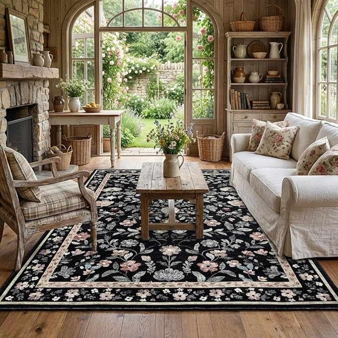 5x7 Washable Non-Slip Rug, Vintage Floral Area Rug for Living Room, Low Pile Farmhouse Distressed Carpet for Nursery Playroom Dorm Teens Office, Black