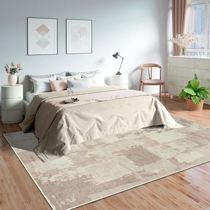 GLN Rugs Contemporary Collection - Machine Washable Area Rug, Contemporary Washable, Non Slip, Low Pile Chenille Rug, Living Room, Bedroom, Kitchen Rug (6' x 9' Abstract Tan)