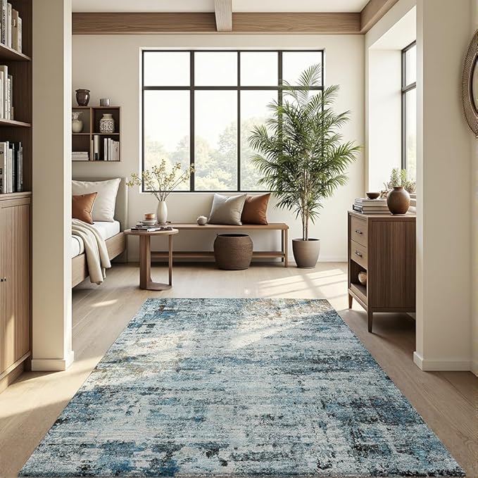 Area Rug 6x9 Washable Rug Blue for Living Room, Dining Room, Bedroom, Large Carpets, Non Slip & Non-Shedding Low Pile Vintage Print Rug for Home Office Decor