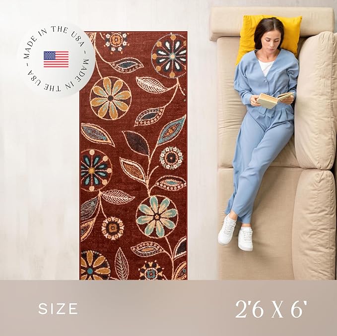 Maples Rugs Reggie Floral Runner Rug - Made in USA - Washable, Non Slip Indoor Carpet for Kitchen, Hallway, and Laundry Room, 2'6" x 6', Merlot