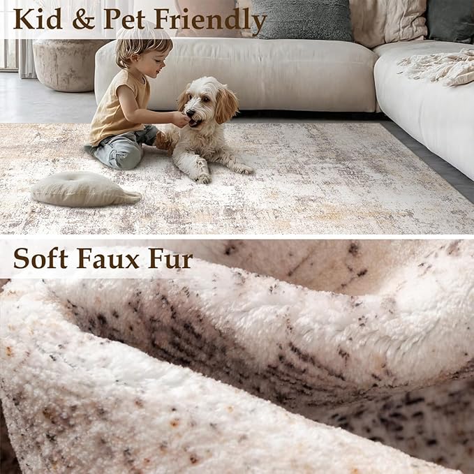 6x9 Washable Area Rug Beige Grey Abstract Living Room Bedroom Throw Rug Neutral Modern Non Slip Soft Medium Pile Indoor Carpet for Dining Room Office Entryway