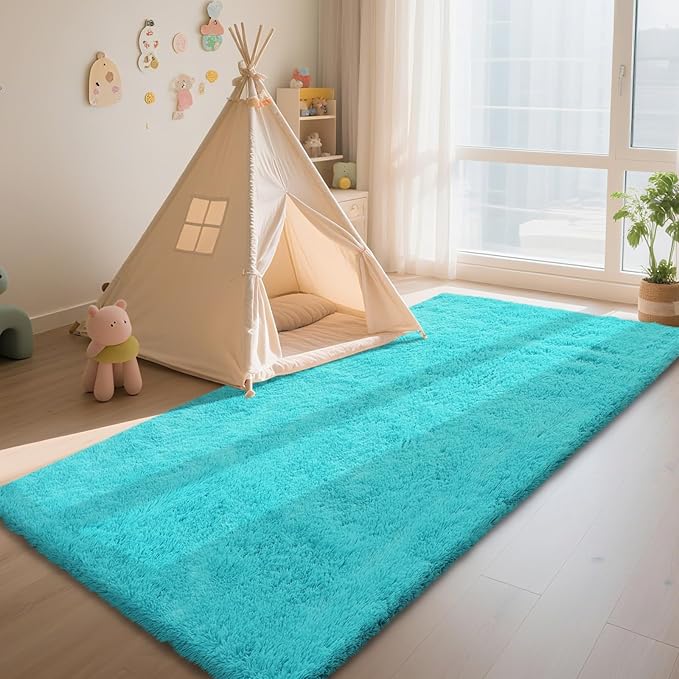 Teal Blue Rug Fluffy Rugs, 2x4 Teal Area Rugs for Bedroom, Soft Cute Baby Play Mat, Indoor Floor Carpet for Teen, Nursery, Preppy Dorm, Plush Aesthetic Bedside Rug