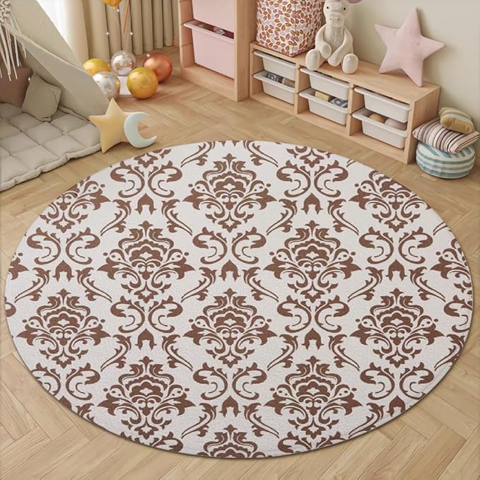 Oriental Tribal Floral Round Rug Vintage Brown Pattern Area Rug Washable Soft Non-Slip Floor Carpet Low Pile Accent Rugs for Entryway Living Room Dining Room Bedroom Home Office 5ft
