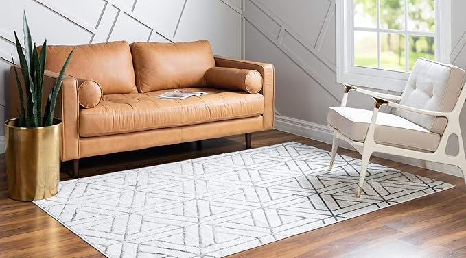 Rugs.com Lattice Trellis Collection Rug – 7' x 10' White Low-Pile Rug Perfect for Living Rooms, Large Dining Rooms, Open Floorplans