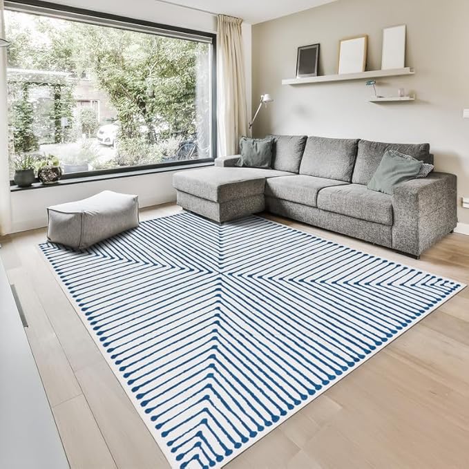 GLN Rugs Contemporary Collection - Machine Washable Area Rug, Contemporary Washable, Non Slip, Low Pile Chenille Rug, Living Room, Bedroom, Kitchen Rug (8' x 10' Blue Ivory)