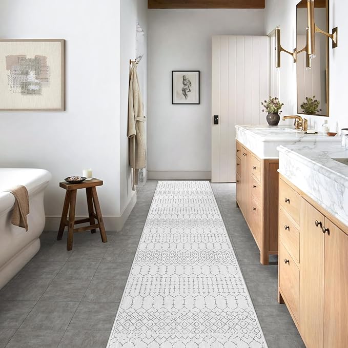 Lahome Moroccan Kitchen Runner Rugs Non Skid Washable - 2x10 Non-Slip Extra Long Rug Runner for Hallways, Modern Geometric Print White Soft Floor Carpet for Bathroom Entryway Foyer