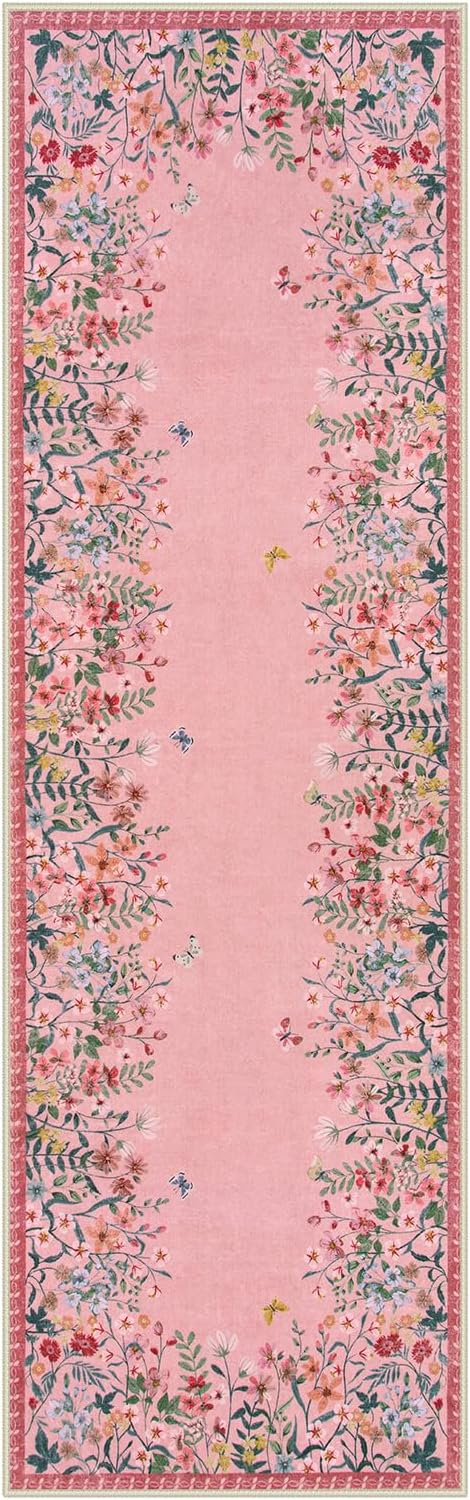 Lahome Boho Floral 2'6"x8 Pink Bathroom Runner Rugs Non Slip Washable,Soft Runners for Hallways,Indoor Carpet Runner with Rubber Backing for Entryway Kitchen Laundry(Pink,2'6"x8)