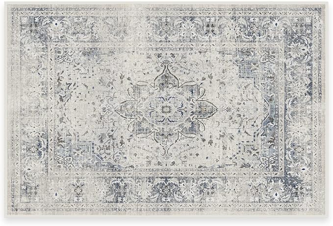RUGGABLE Washable Vintage Area Rug – Sarrah Blue Quartz 2x3, Stain-Resistant, Non-Slip – Small Machine Washable Rugs for Living Room, Bedroom, Hallway, Entryway & Bathroom–with Cushioned Pad