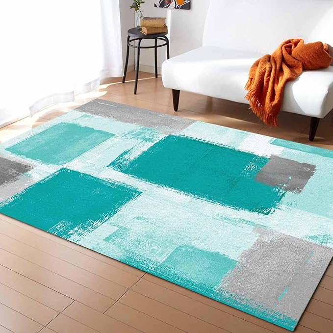Teal Green Rectangular Area Rugs for Living Room Bedroom 3 x 5 ft Abstract Paint Texture Modern Art Non-Shedding Soft Low Pile Rug Non Slip Washable Rug for Nursery Entryway Playroom