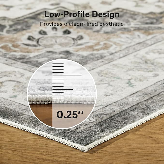Marsail 9x12 Machine Washable Area Rug, Soft & Slip-Resistant Large Area Rug with Reinforced Bound Edges, Vintage Short-Pile Washable Rug with Floral Pattern for Living Room, Dinning Room and Bedroom