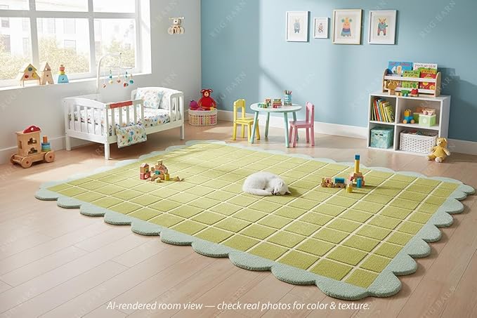 Checkered Wool Area Rug with Scalloped Border, Chartreuse Green & Cream Grid, Hand-Tufted, Soft Cut Pile, Modern Cottagecore Living Room, Bedroom & Nursery Carpet - 5x8 Ft