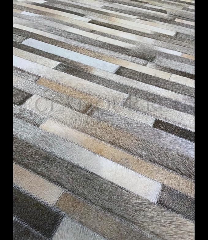 4x6 Cowhide Leather Rug, Modern Stripes Design, Dark Grey Area Rug for Living Room & Home Decor