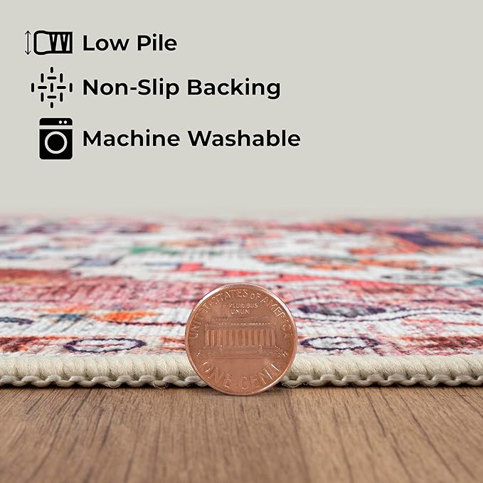 GLN Rugs Traditional Collection - Machine Washable Area Rug, Traditional Washable, Non Slip, Low Pile Chenille Rug, Living Room, Bedroom, Kitchen Rug (2'6" x 10' Pink/Multicolor)