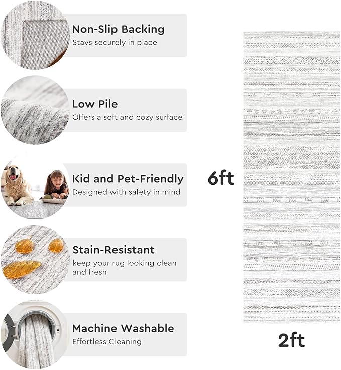 2x6 Runner Rug Machine Washable Non Slip Area Rug Distressed Neutral Moroccan Boho Rug Ultra Soft Floor Runners for Hallways for Entryway Laundry Room Kitchen, Grey