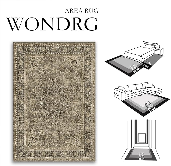 9x12 Brown Area Rug Vintage Living Room Bedroom Washable Carpet Non-Slip Soft Low Pile Distressed Indoor Large Throw Rug for Dining Room Office