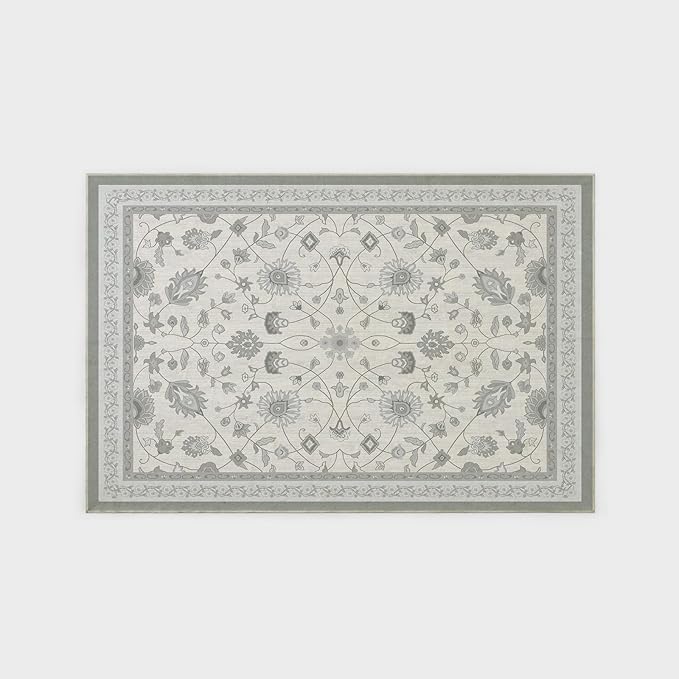 EVERGRACE Area Rugs for Living Room 6x9, Boho Floral Faux Wool Indoor Outdoor Rugs, Washable Rugs for Bedroom Dining Room Entryway Kitchen, Low Pile Floor Mat Carpet for Home Decor, Cool Gray