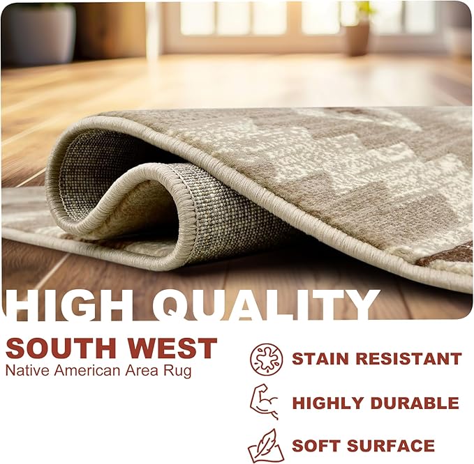 YHSF South West Native American Rug Ritz – Native Tribal American Indian Inspired Rug - Living Room, Bedroom, Hallway, Entryway & High-Traffic Area Rugs - Washable - Soft - Mocha, 8 Feet x 10 Feet