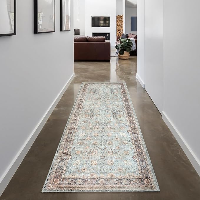 GLN Rugs Traditional Collection - Machine Washable Area Rug, Traditional Washable, Non Slip, Low Pile Chenille Rug, Living Room, Bedroom, Kitchen Rug (2'6" x 7' Light Blue)